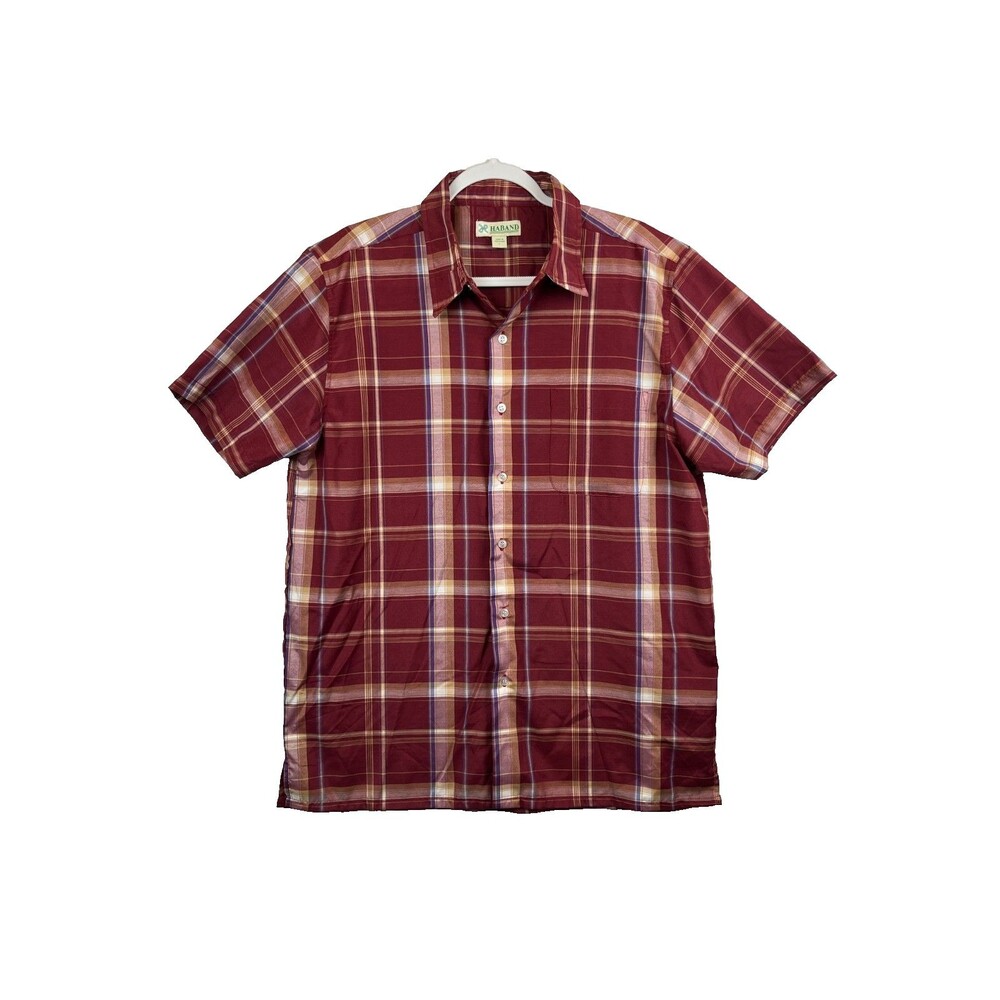 Vintage Haband Large Plaid Short Sleeve Shirt Made in Swaziland Burgundy Tan